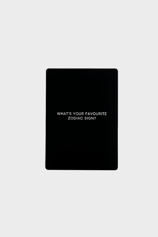 Black square with white text asking 'What's your favourite zodiac sign?' on a white background